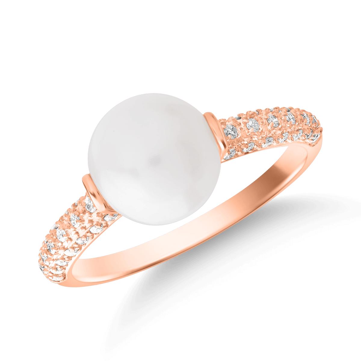 Inel din aur roz de 14K cu perla de cultura de 3.685ct si diamante de 0.153ct